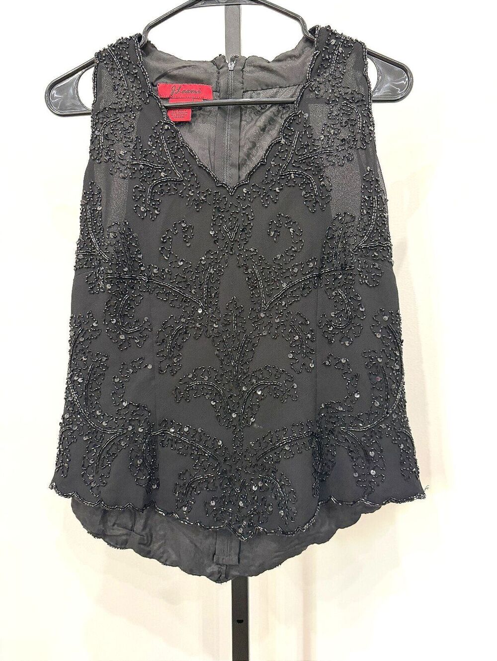 J. Laxmi Large Black Beaded Sleeveless V-Neck Top